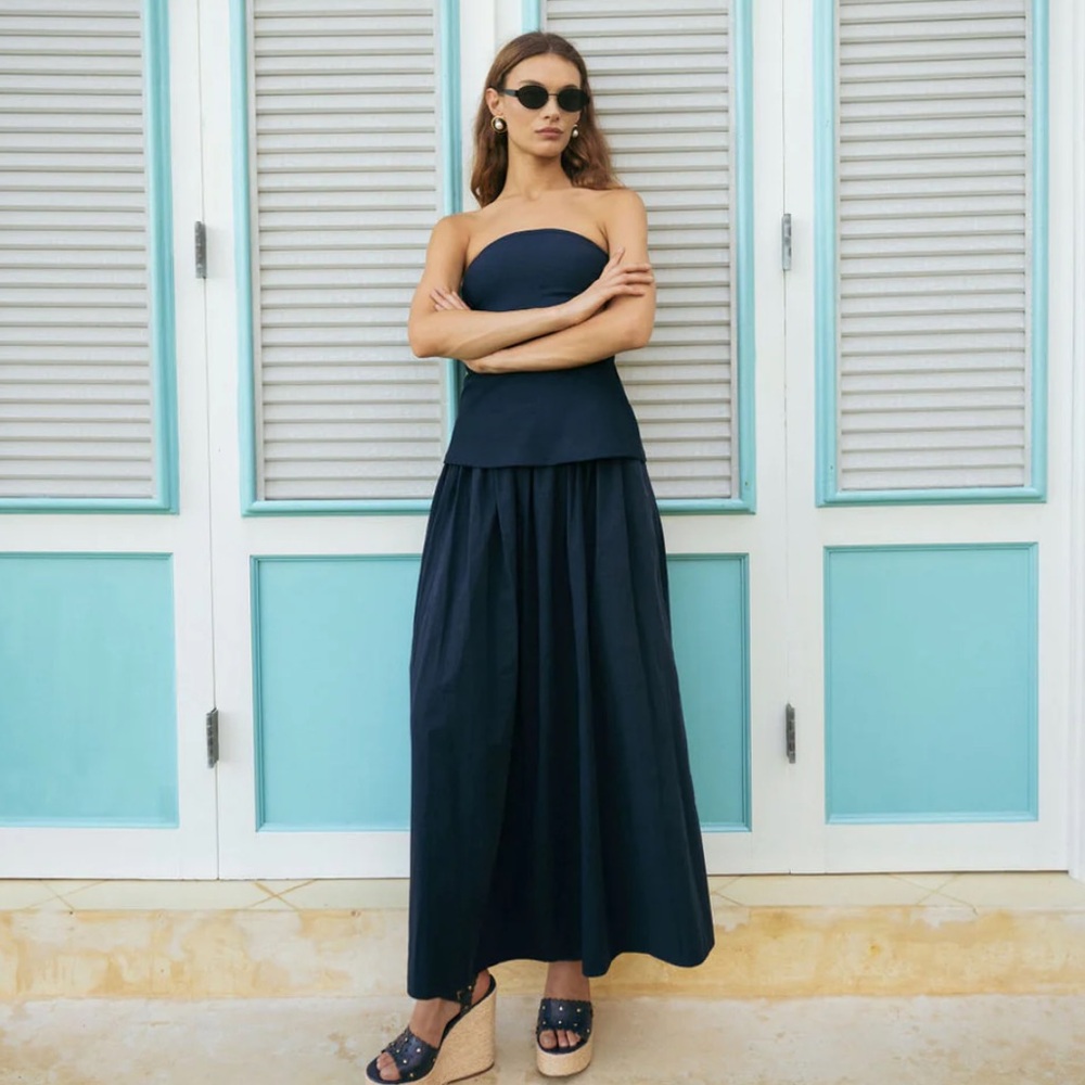 Elegant Navy Strapless Women's Top and Skirt Set